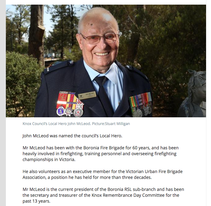Long time supporter John McLeod wins Australia Day "Local Hero" Award from City of Knox.