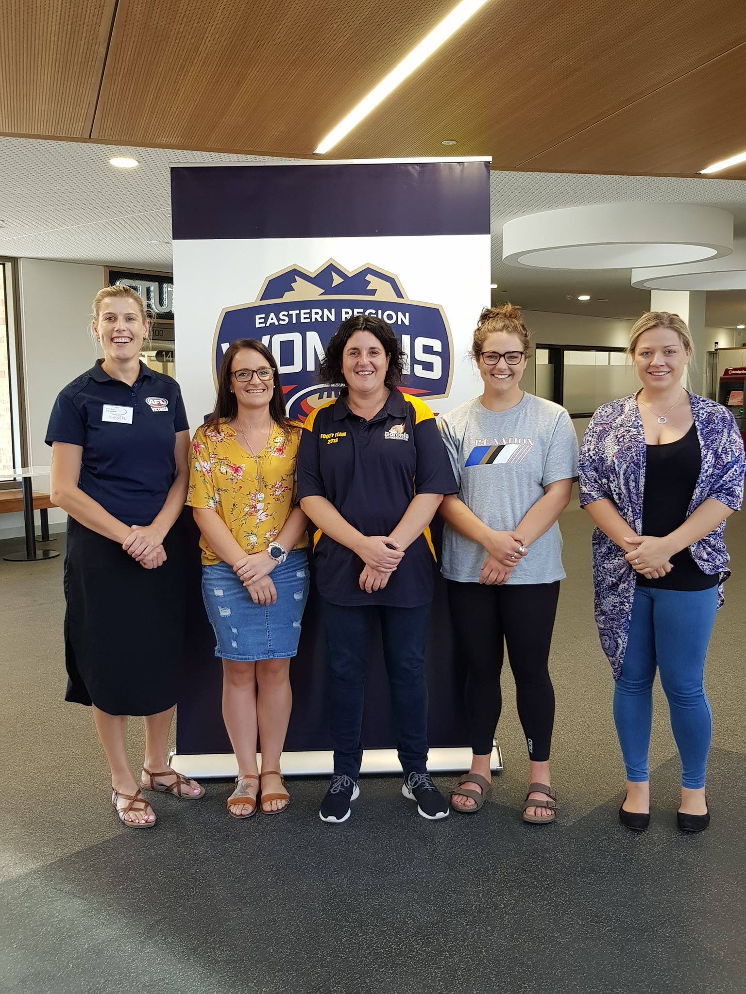 Elle Dow, Candyce Wright, Karen Little, Dee Caifa and Kat Buzinskas from Boronia Hawks Womens Football.